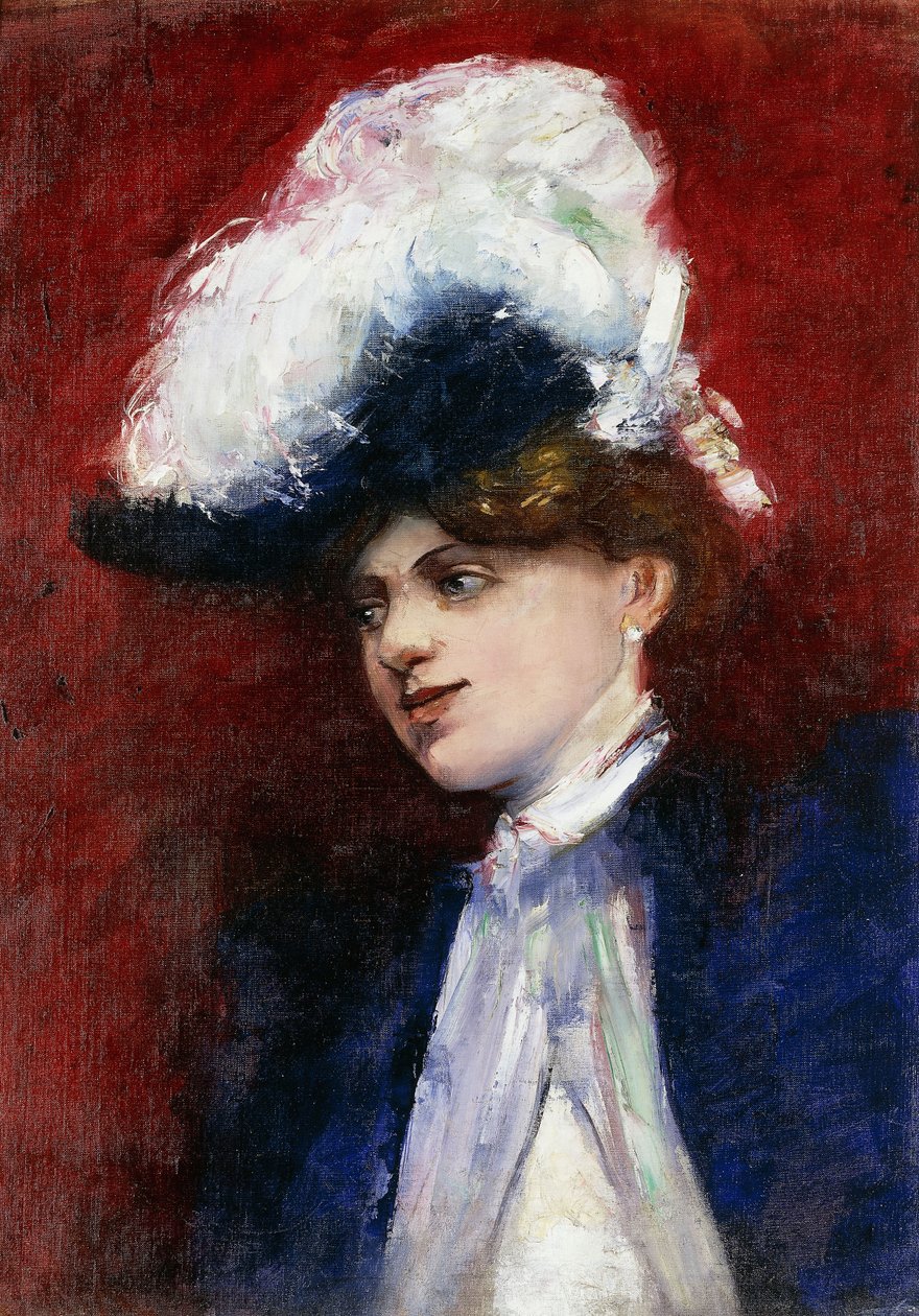 羽の帽子を持つエレガントな女性。羽毛の帽子を被った上品な女性、1905年頃 作： 少ない尿