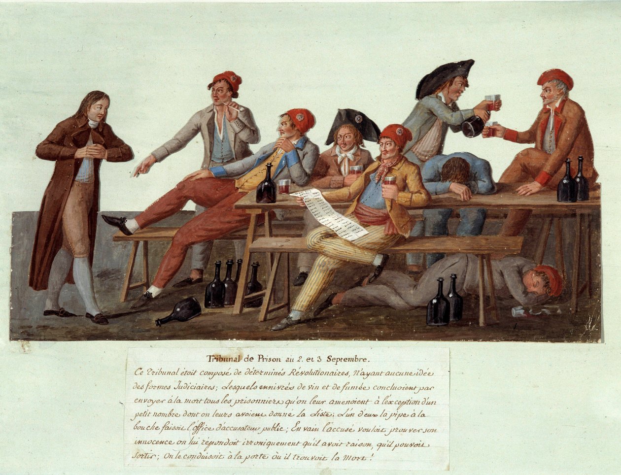 1789年のフランス革命。「9月2日と3日の監獄法廷」 革命法廷を風刺的に表現したもので、メンバーは司法権を持たず、ワインを飲んだりタバコを吸ったりして事件を判断する。Lesueur兄弟のガッシュ 作： レスール兄弟