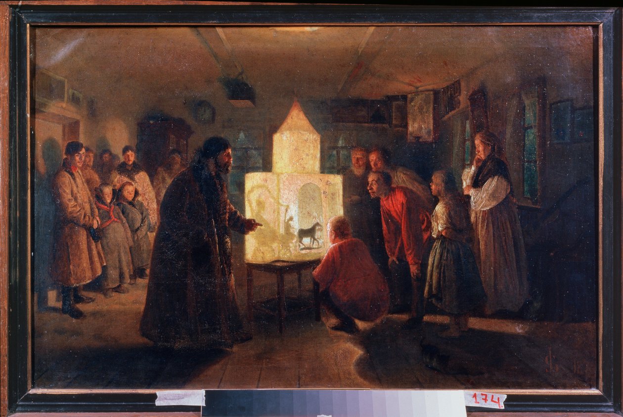 農民の家の魔法のランタン - Lev Grigorievich Solovyev（1837-1919）による絵画、キャンバスに油彩 作： レフ・グリゴリエビッチ・ソロヴィエフ