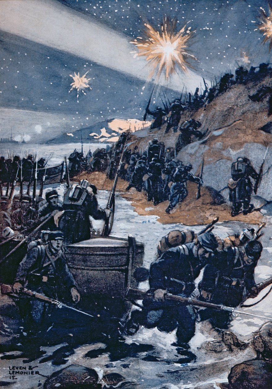 ダーダネルスの夜間着陸、「Les Pays de France」、1915年のイラスト 作： リーベンとレモニア