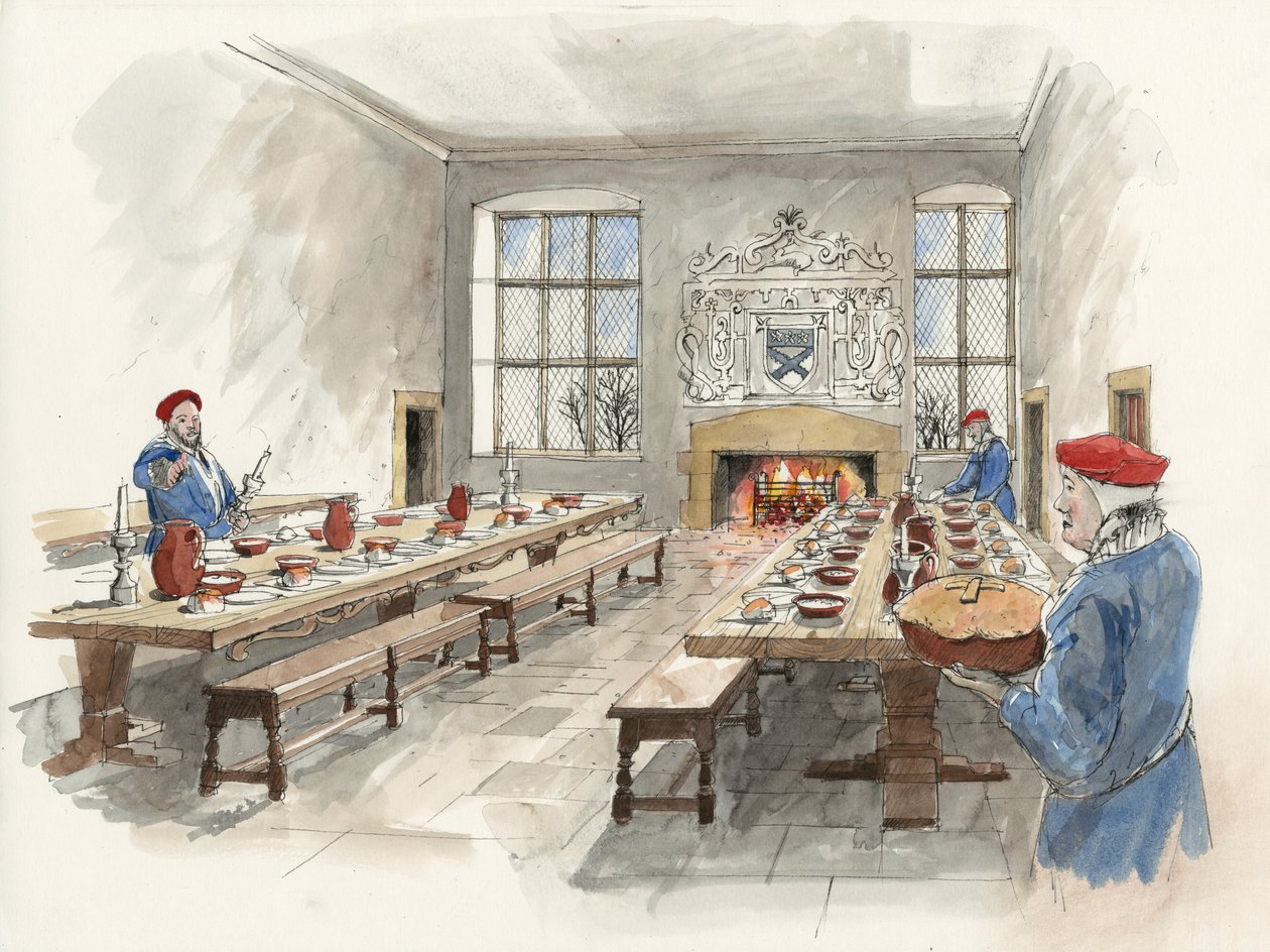 1601年のハードウィック・オールド・ホールの大広間の復元（紙に水彩画） 作： リアムウェールズ