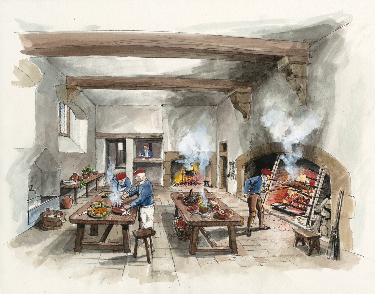 1601年のハードウィック・オールド・ホールのキッチンの復元（紙に水彩画） 作： リアムウェールズ