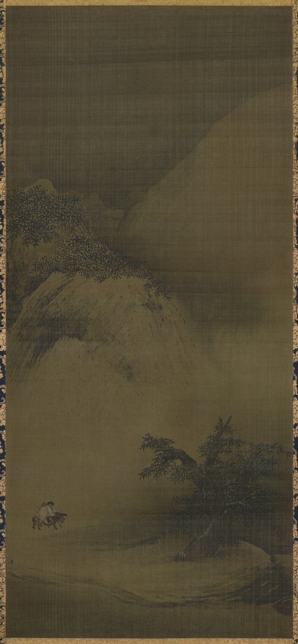 Snowy Scenery, landscape painting (絹本墨画淡彩雪景山水図, kenpon bokuga tansai sekkei sansui zu). Hanging scroll 作： リャン・カイ