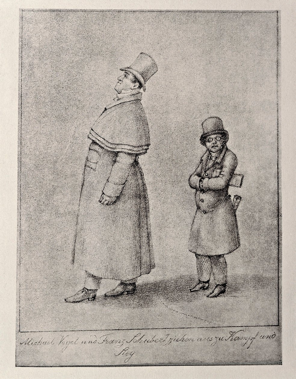 オーストリア、ウィーン、オーストリアのバリトン歌手Johann Michael Voglと作曲家Franz Peter Schubertの風刺画、1825年頃、鉛筆画 作： 不明不明