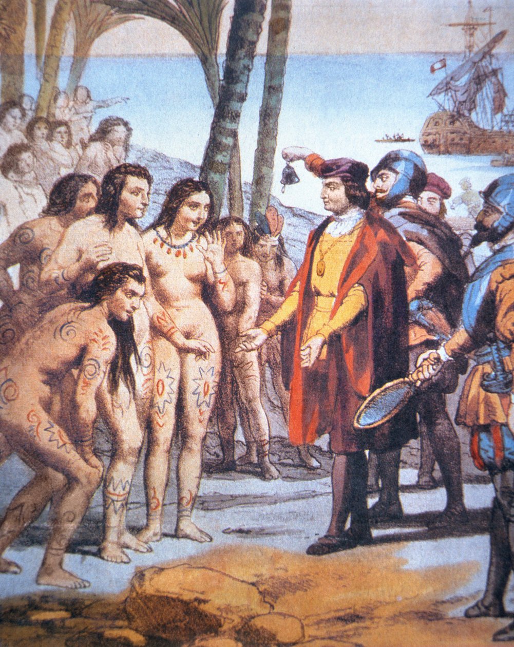1492年、新大陸に上陸したクリストファー・コロンブスは、タイノ族のインディアンに迎えられた（カラーリトグラフ）。 作： 不明不明