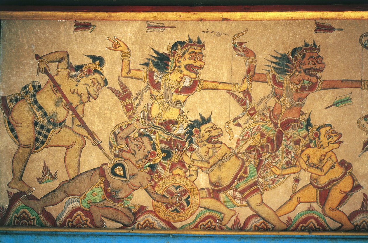 【オープニング大セール】 神と悪魔の戦いを描いたフレスコ画（インドネシア、バリ島 絵画