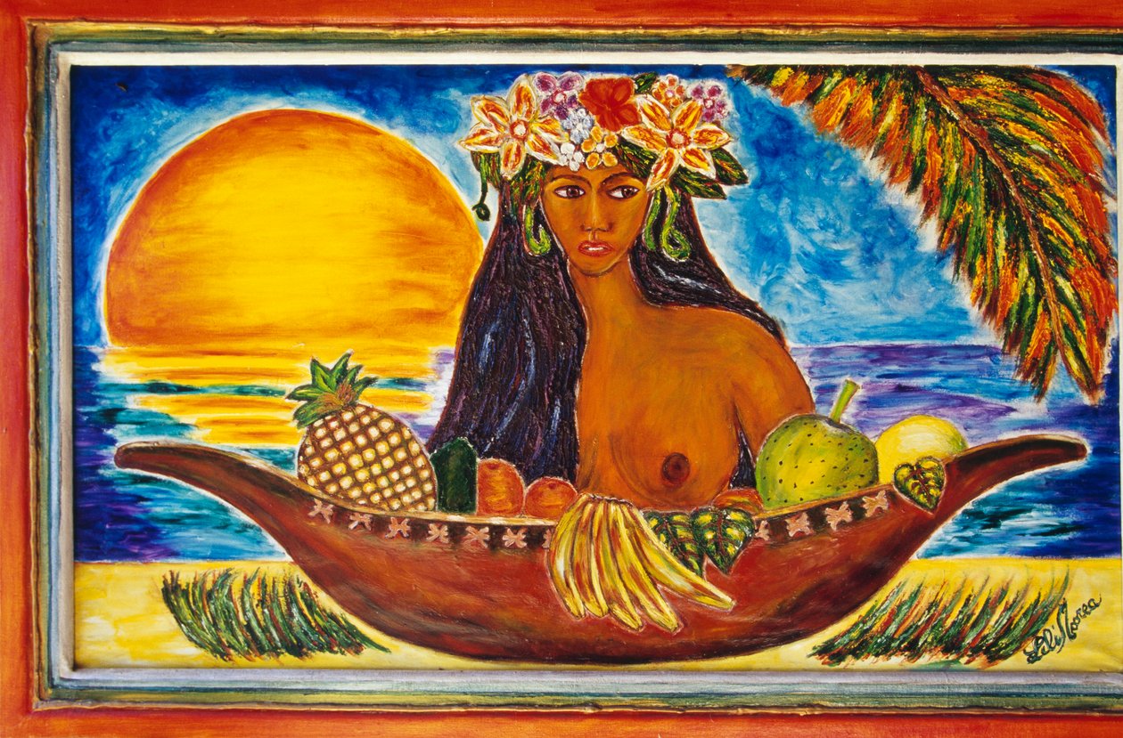 ポリネシア人女性を描いたペインテッド・グラス（フランス領ポリネシア・ソサエティ諸島モーレア島）、詳細 作： 不明不明