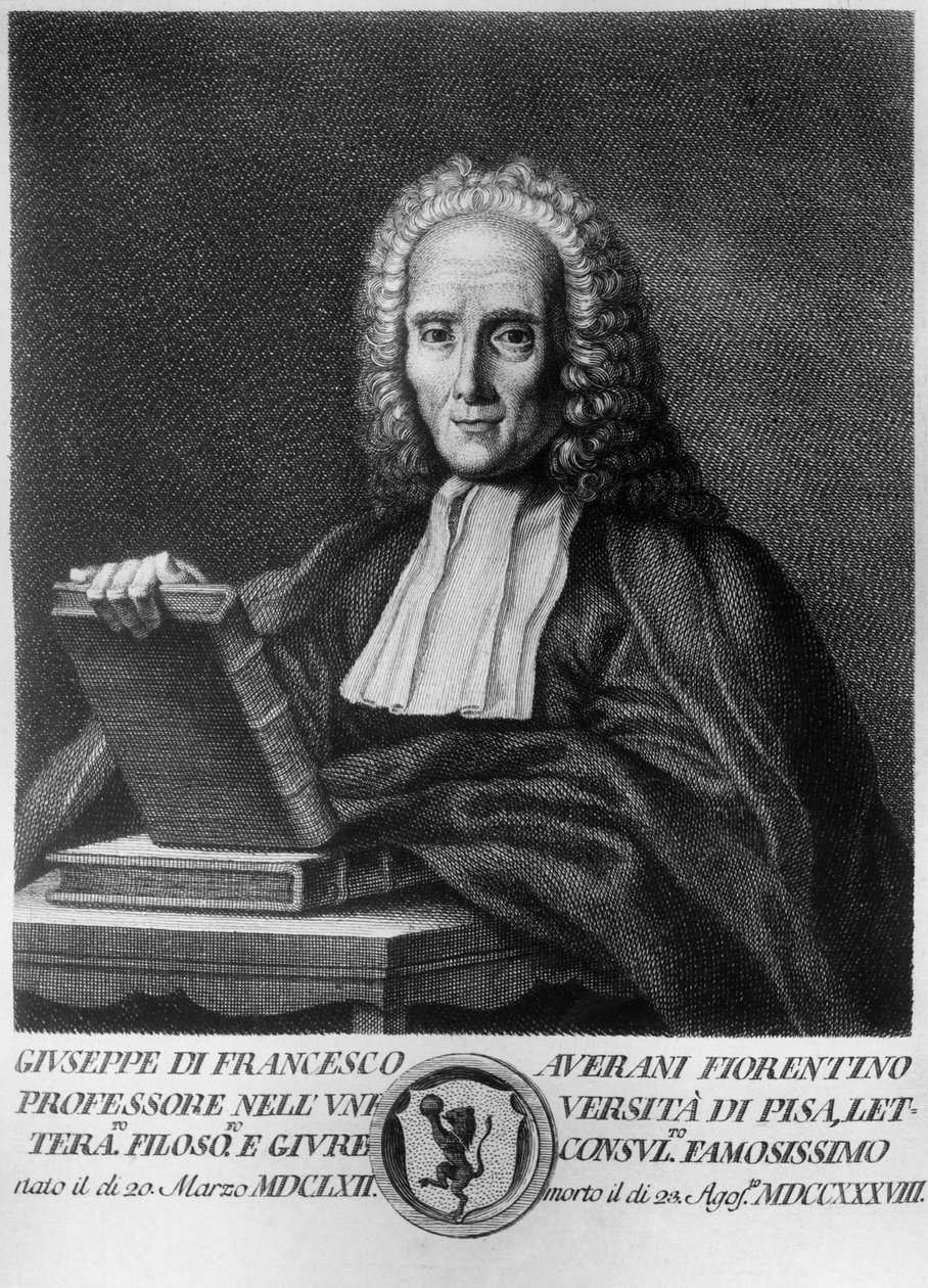 イタリアの法学者・博物学者ジュゼッペ・アヴェラーニ（アヴェラーヌス）（1662-1738）の肖像、アレグリーニ社発行の『トスカナの名士たちの肖像画集』よりエッチング 作： 不明不明