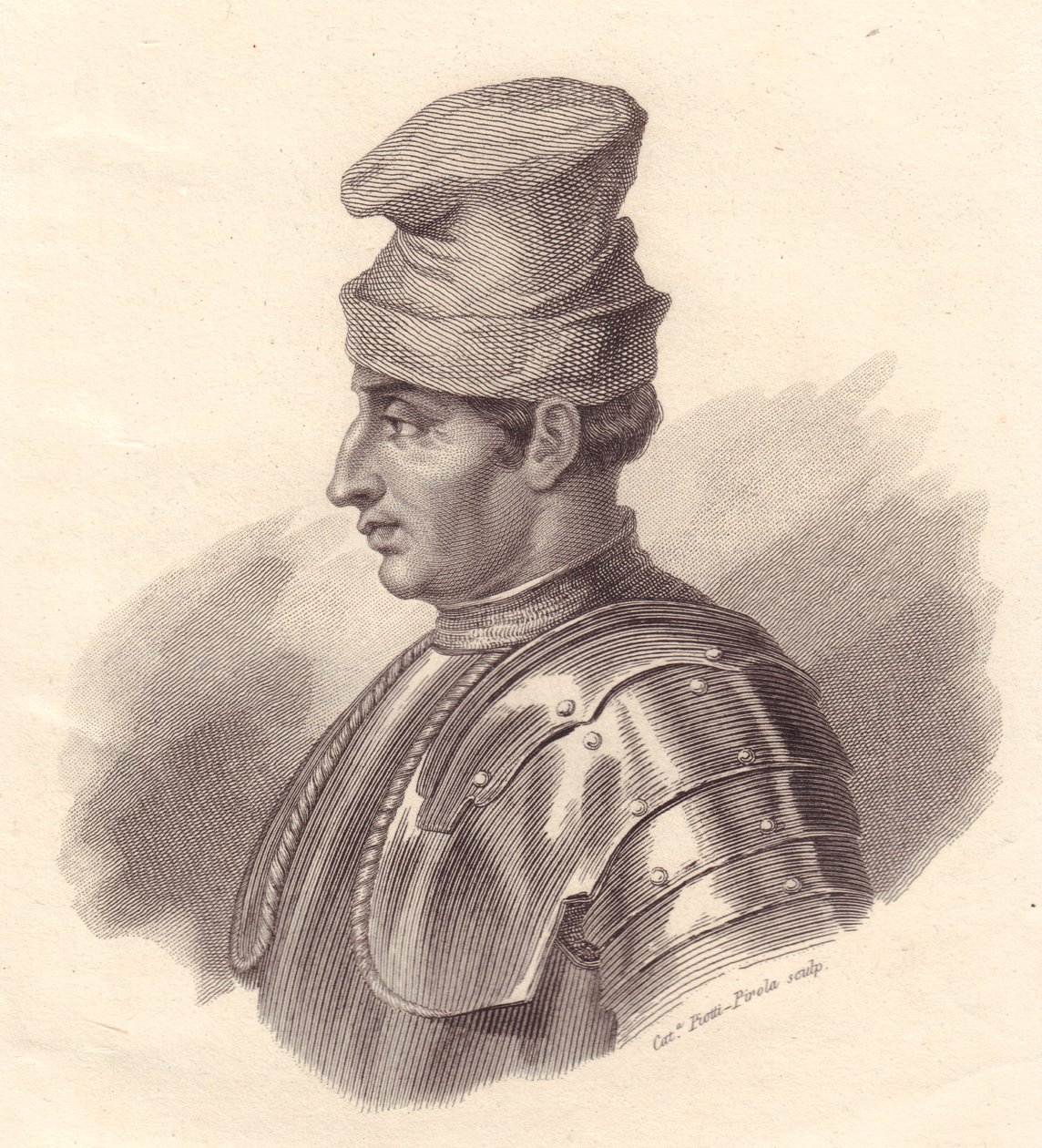 イタリアの軍事指導者Niccolo Fortebraccio（別名Della Stella）（1389-1435）の肖像、Caterina Piotti-Pirolaによる銅版画 作： 不明不明