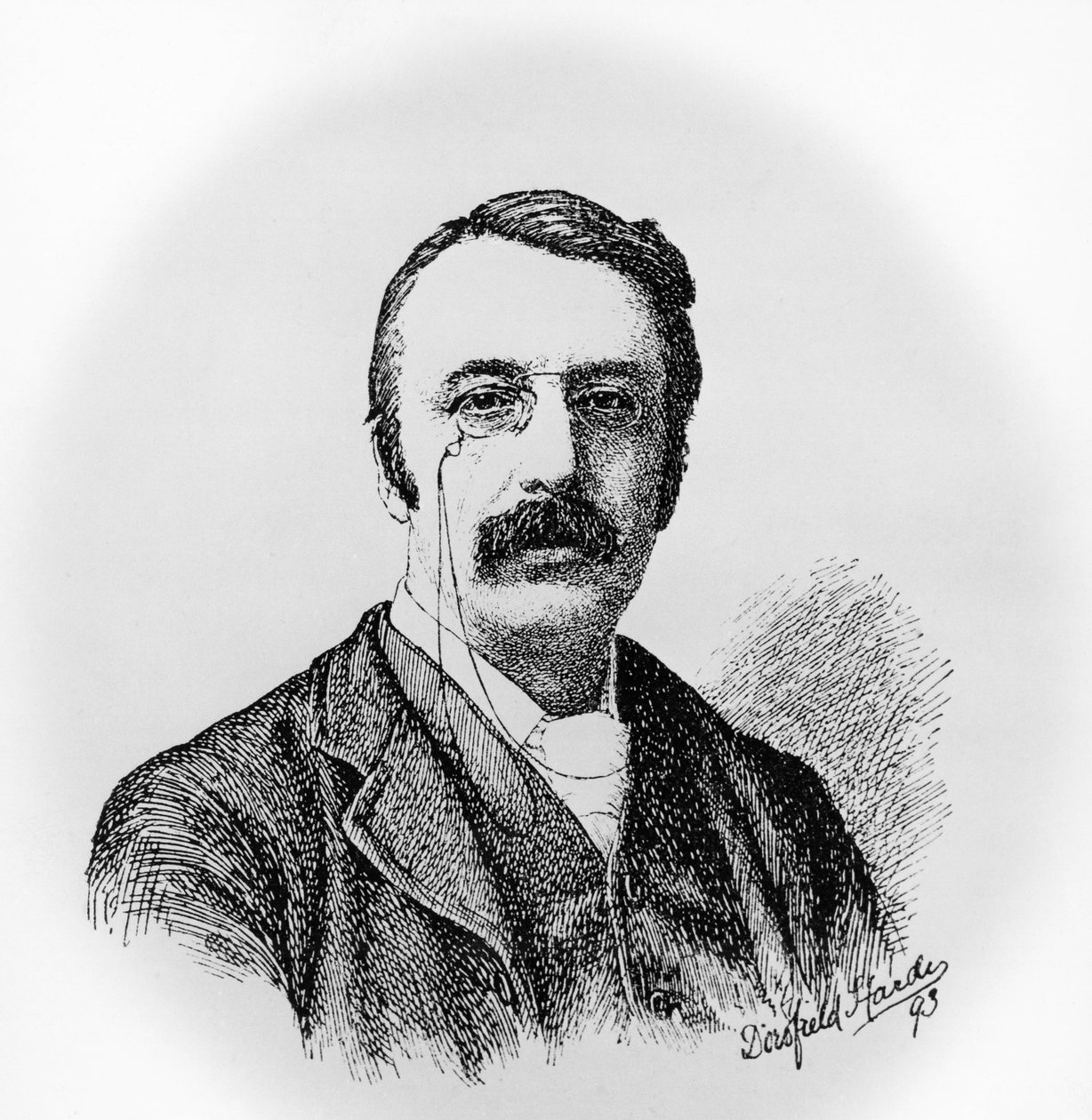 アイルランドの作曲家・指揮者、サー・チャールズ・ヴィリアーズ・スタンフォード（1852-1924）の肖像、ドロフィールド・ハーディ（1853-1937）のデッサンに基づくエングレーヴィング 作： 不明不明
