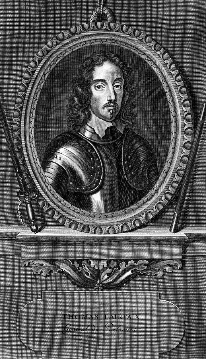 イギリス内戦の際、イギリス人将軍であり、議会の総司令官であったThomas Fairfax, 3rd Lord Fairfax of Cameron (1612-1671)の肖像、エングレービング 作： 不明不明