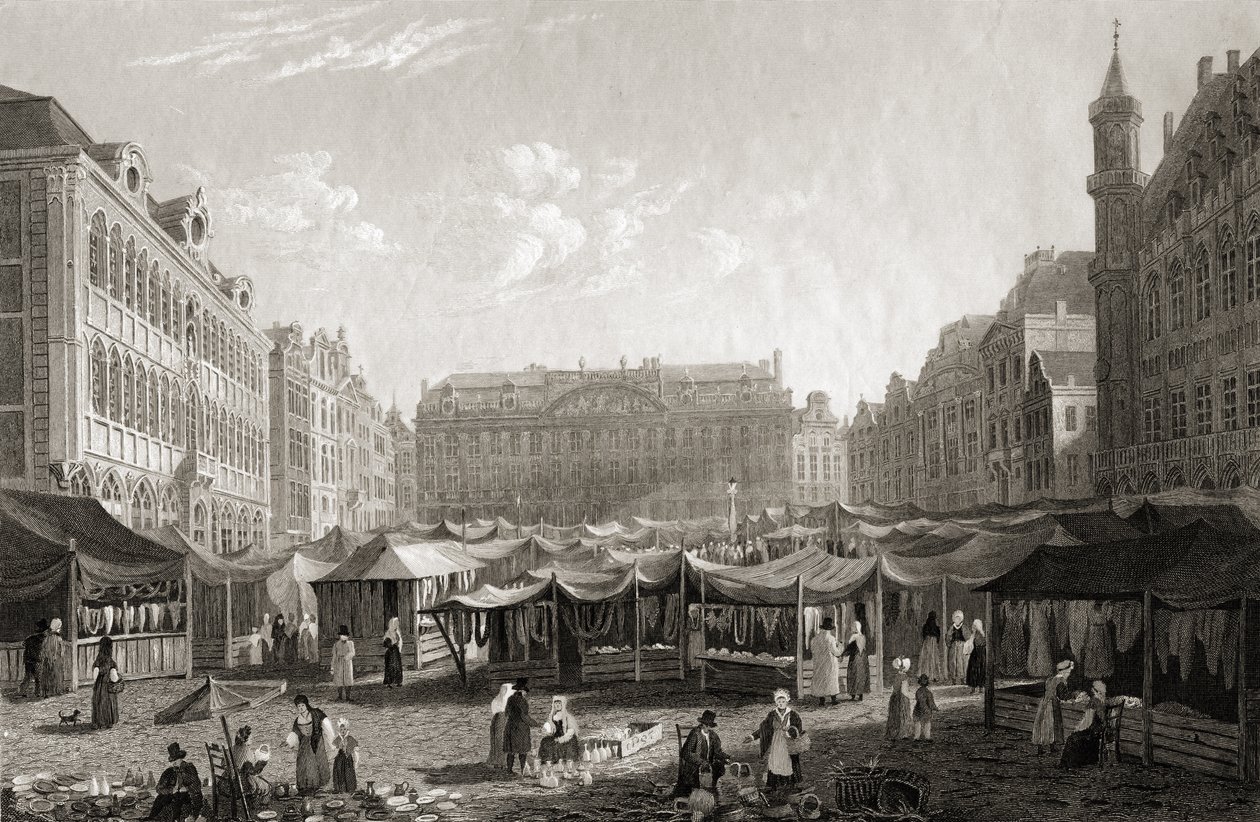 1832年にロンドンで出版されたR.ブランダールによって彫刻された「ヨーロッパの主要都市のいくつかの眺め」からのブリュッセルのグランデプレイス 作： バティー中佐