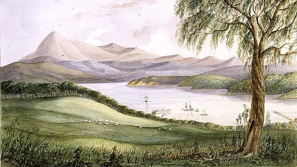 ニュー・サウス・ウェールズ州トゥーフォールド・ベイ 1860年頃（水彩画） 作： ジョージ・オースティン・ウッズ中Li