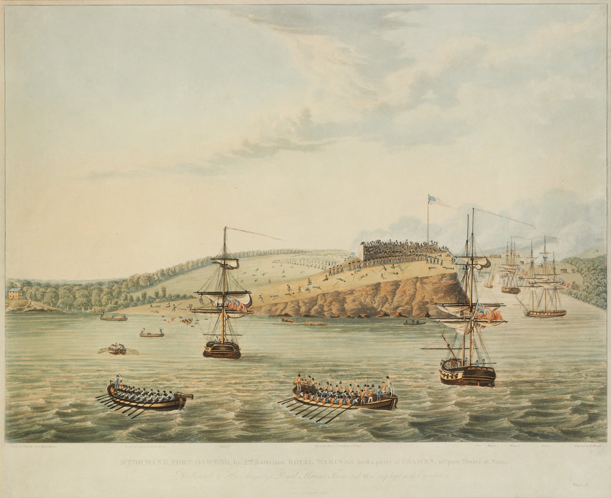 北アメリカ、オンタリオ湖のフォートオスウィーゴへの攻撃。 1814年5月6日、正午、および第2大隊ロイヤルマリーンズと、12時15分過ぎの海兵隊によるストミングフォートオスウィーゴ、R。ハヴェルによる彫刻、1815 作： J・ヒューイット中