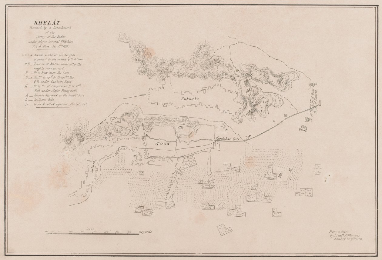 グズニーの要塞のスケッチ。1839年7月23日に嵐で破壊された（リトグラフ 作： トーマス中尉（後）ウィンゲート