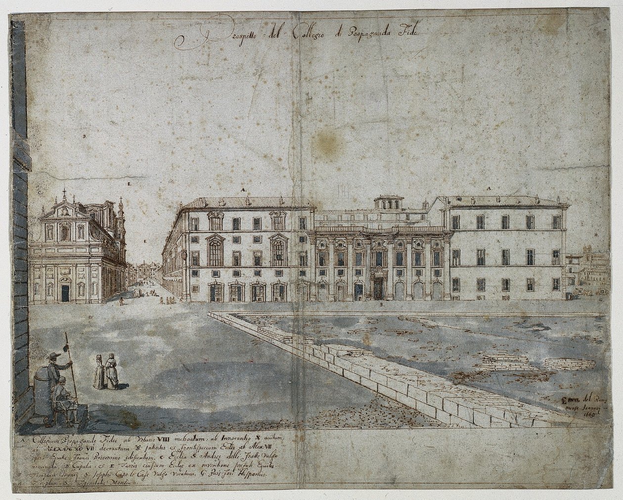 ローマの 18 のビュー: The Collegio di Propaganda Fide recto、1665 年。 作： リービン・クルイル