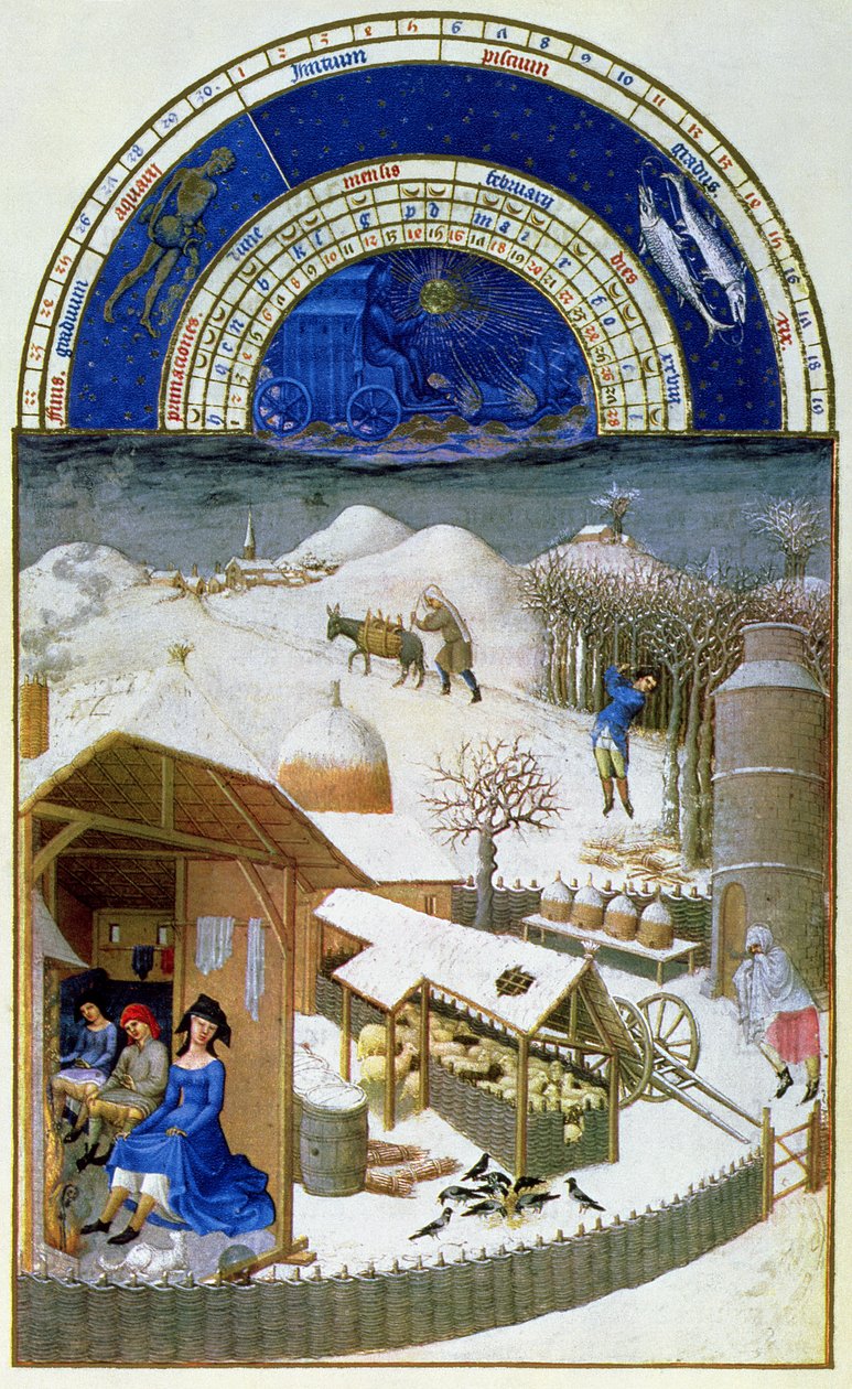 2月のファクシミリ：農家のいる農場のシーン、「 &39;Tres Riches Heures du Duc de Berryから&39;からコピー（オリジナルは8434を参照） 作： リンブール兄弟