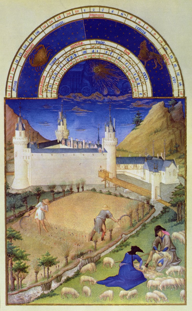 7月のファクシミリ：収穫と羊の剪断、「Tres Riches Heures du Duc de Berry」から（原文は8439を参照） 作： リンブール兄弟