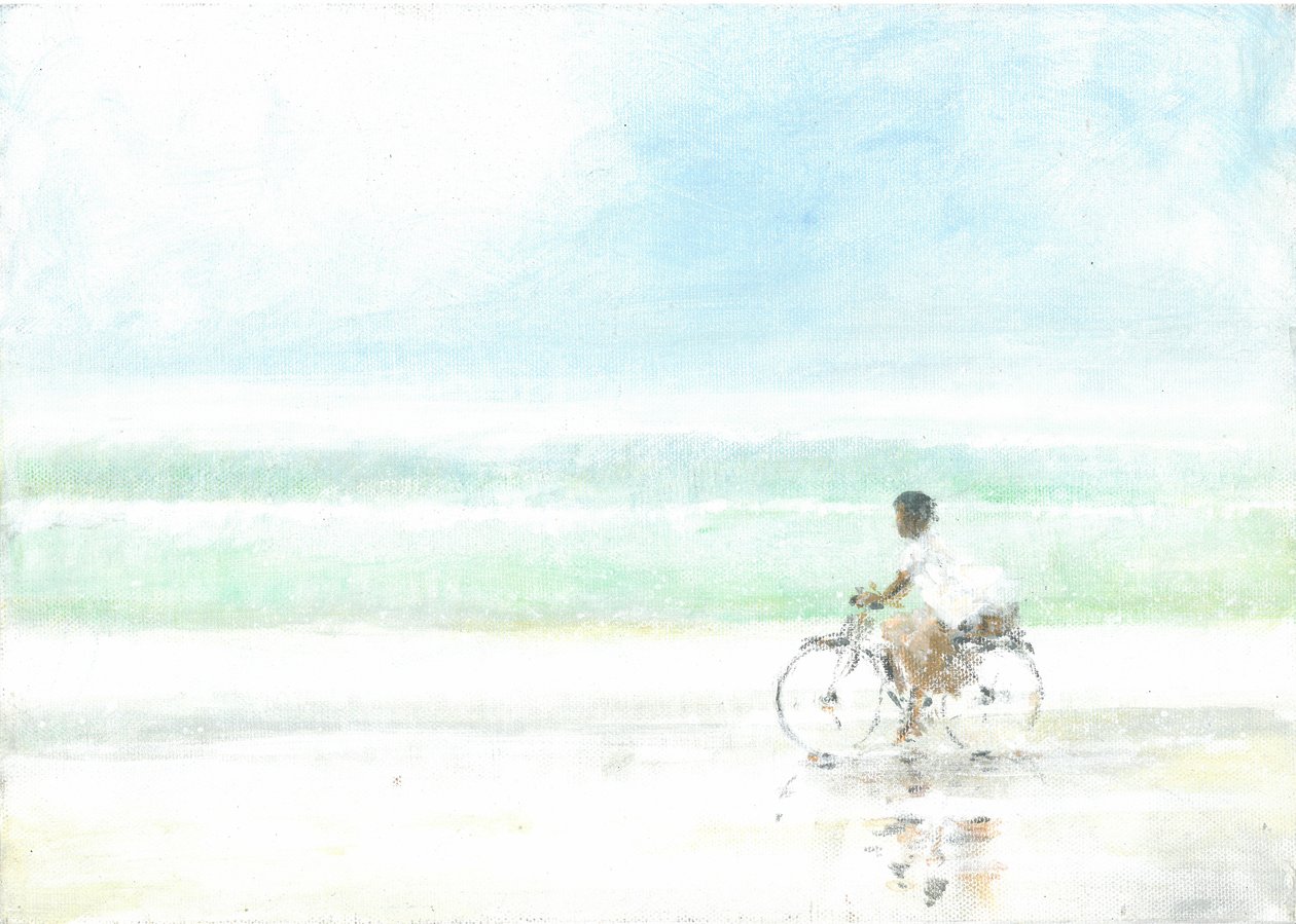 自転車の少年（紙にアクリル） 作： リンカーン・セリグマン