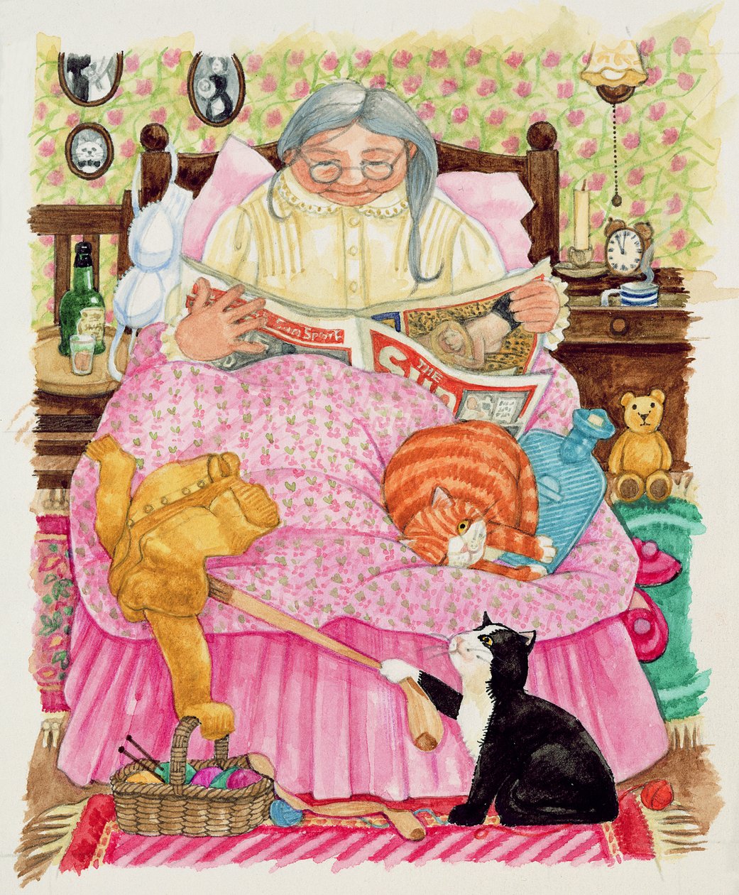 おばあちゃんと猫2匹とピンクのベッド（紙にトイレ） 作： リンダ・ベントン