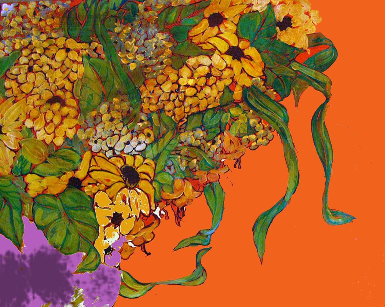 花瓶の花, 2014 （ミックス、アクリル、インク、油彩） 作： リンダ・アーサー
