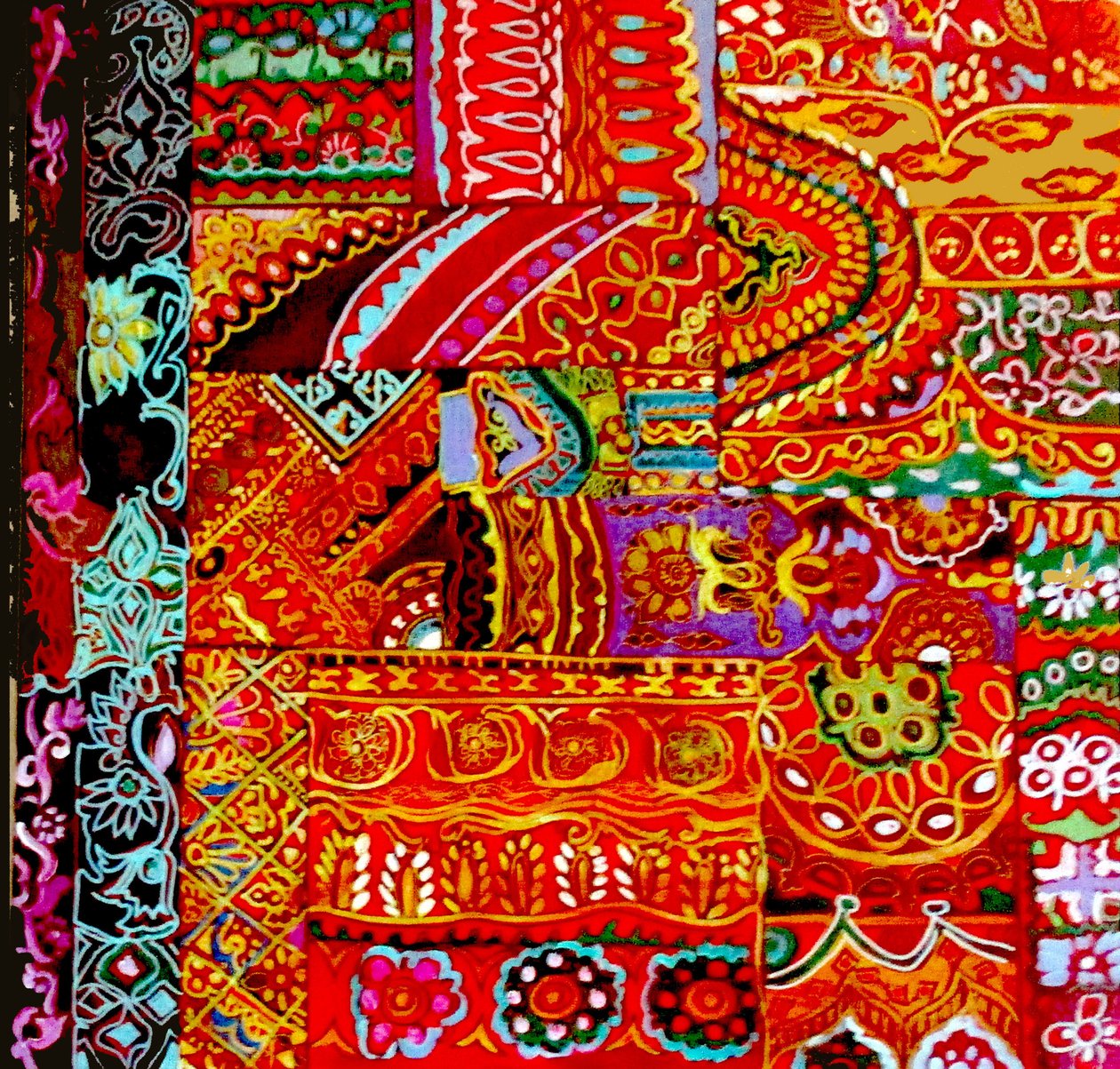 インド刺繍、2017年（カラフル、緻密、エスニック、スリー、フローラルのキャンバス、インド） 作： リンダ・アーサー