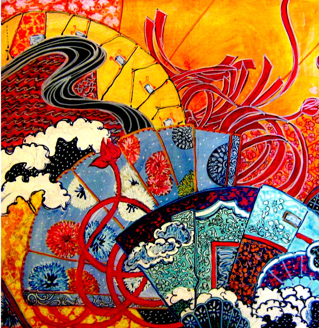 Oriental Fans, 2013 （ミックス、アクリル、インク、油彩） 作： リンダ・アーサー