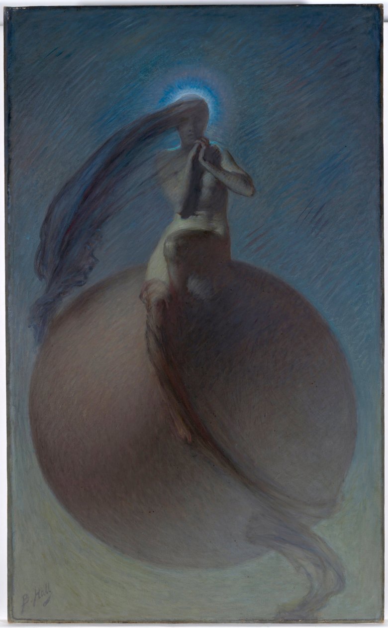 ""La quete"" (The Quest) 夢のような表現、地球上に配置された女性のシルエット - 1905年頃のLindsay Bernard Hall (1859-1935) による絵画 - キャンバスに油彩 Dim 154x94.5 cm オーストラリア国立美術館、キャンベラ 作： リンジーバーナードホール