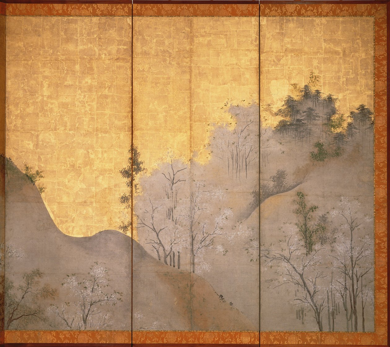 春の風景（ペンとインク、色、パネル上の金の紙）（216558を参照） 作： りんくうく
