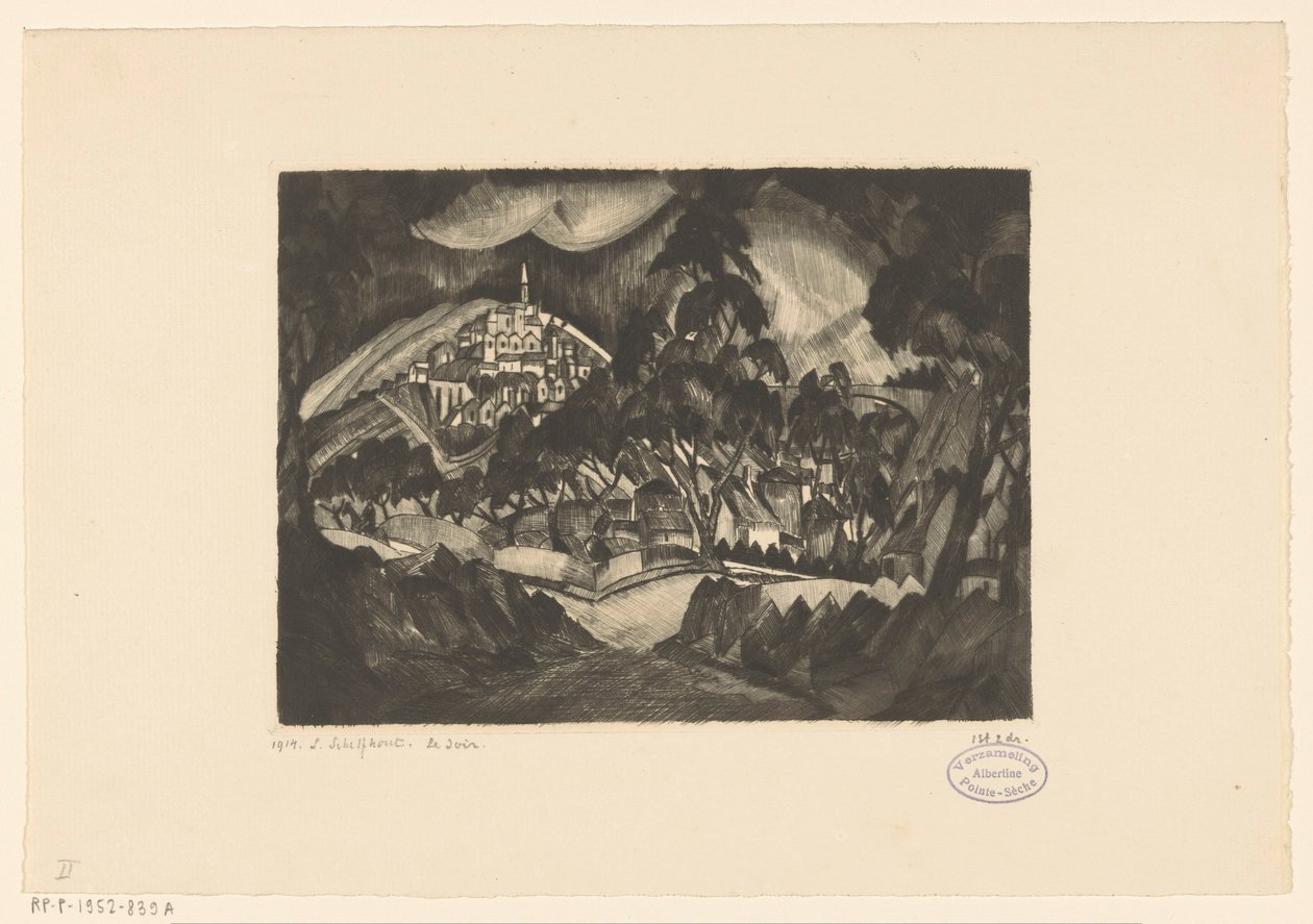 木々や建物のある丘陵の風景 Le Soir (オブジェクトの元のタイトル) 作： Lodewijk Shelfhout（アーティストによる署名）