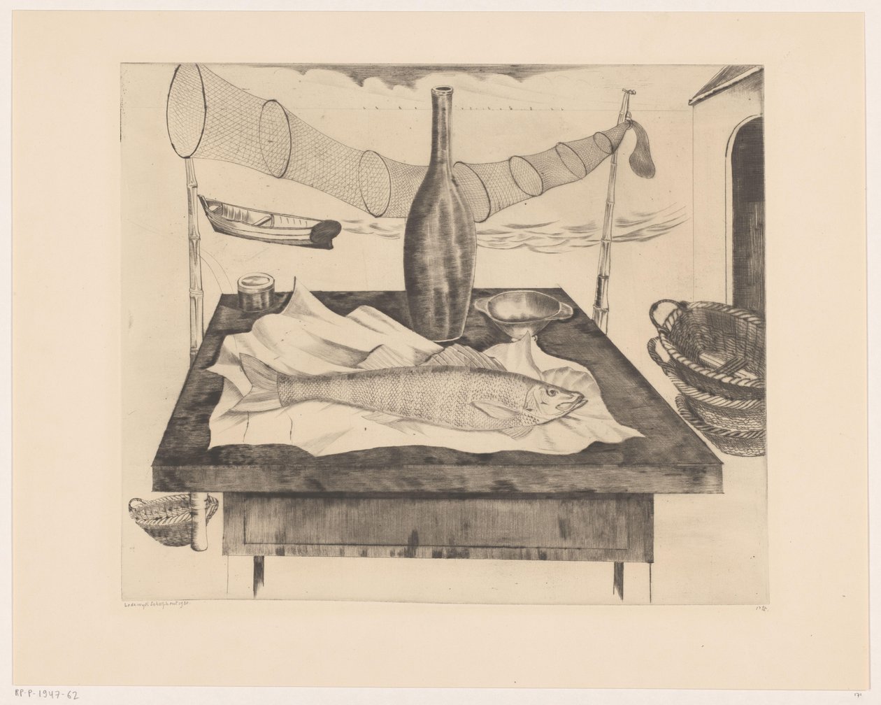 魚、瓶、漁網のある静物 Après la pêche (原題) 作： Lodewijk Shelfhout（アーティストによる署名）