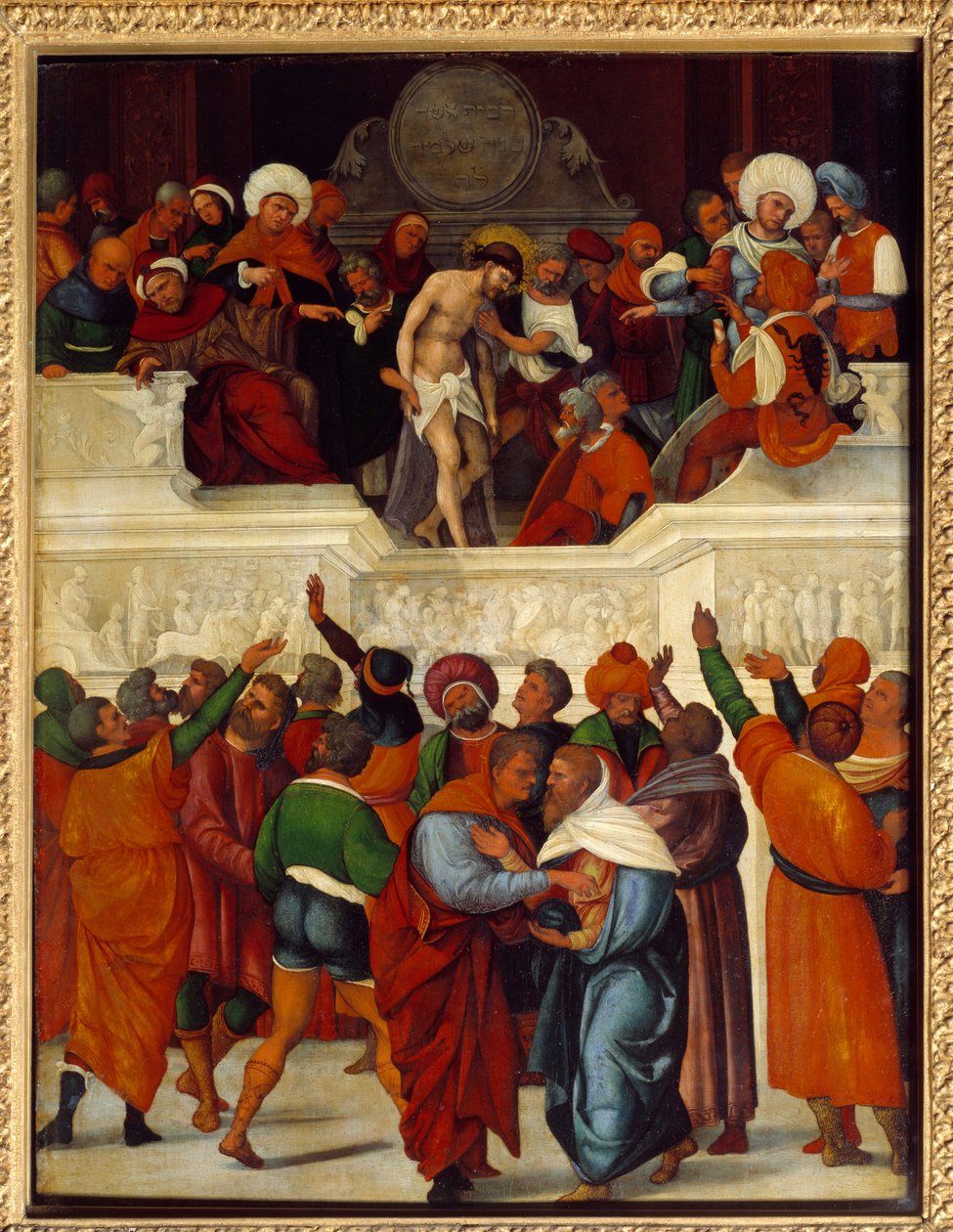 Ecce gay（ここにその人あり）（ヨハネの福音書のヴルガタ訳（19:5）でポンティウス・ピラト（Pontius Pilatius）がイエスに殴られた群衆といばらの冠を差し出したときに使った表現）。ルドヴィコ・マッツォリーノの木画（1480年頃～頃 作： ロドヴィコ・マッゾリーノ