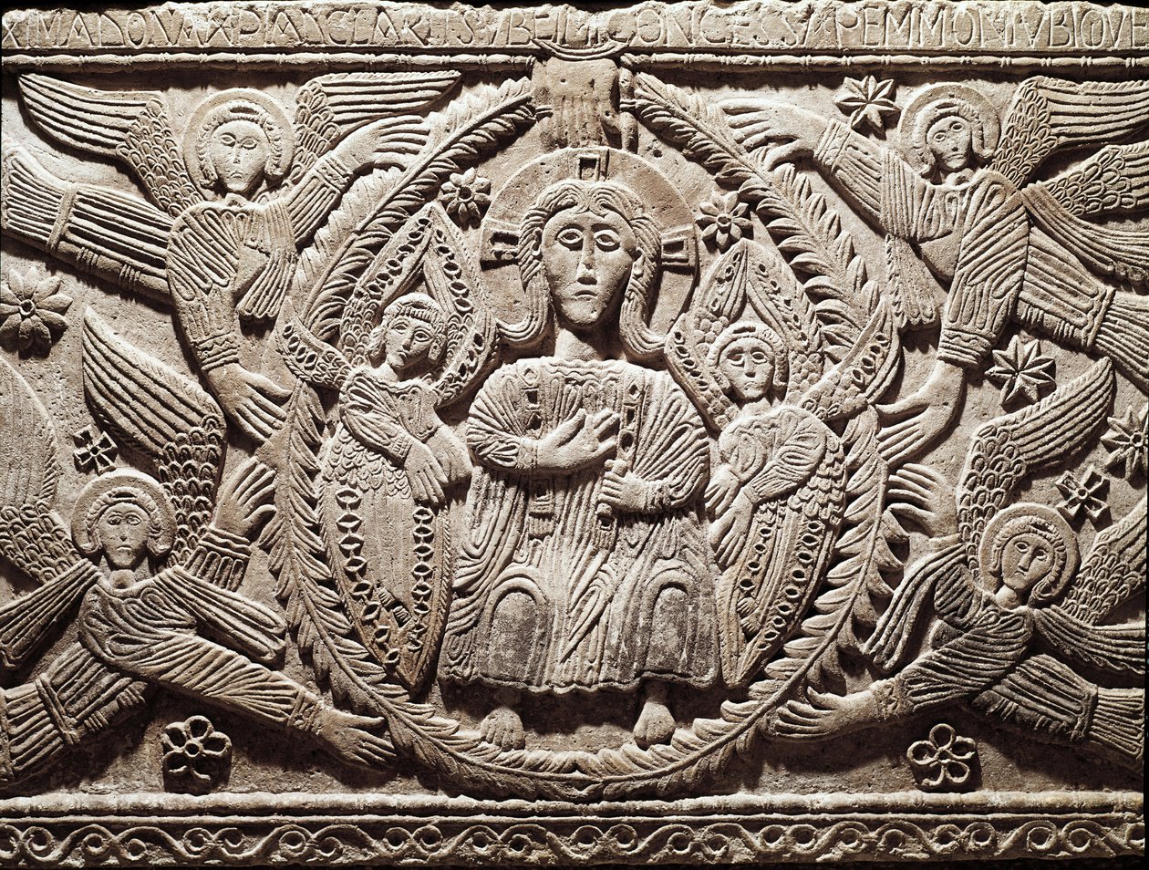 ロンバード芸術。栄光のキリスト、ラチス公の祭壇の低浮彫り - 彫刻、ロンバルディア美術、737-744年（栄光のキリストを表すラチス公の祭壇の浮彫り） Cividale del Friuli, Chretien Museum, treasor of the cathedrale 作： ロンバードスクール