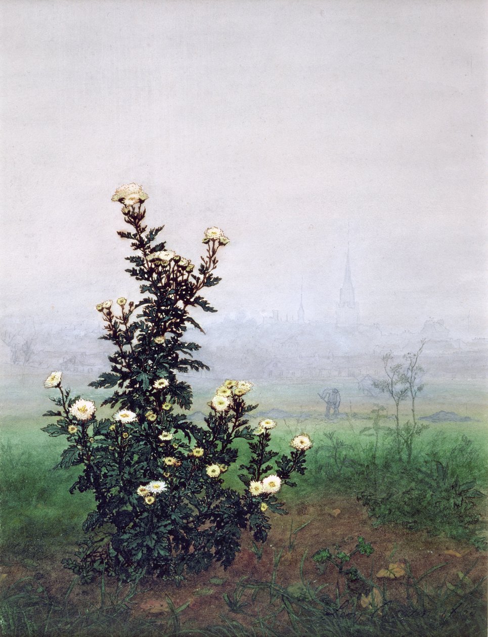 労働者との菊の開花、1863年（紙、トイレ、ガッシュ、ペンとインクと鉛筆） 作： レオン・ボンビン