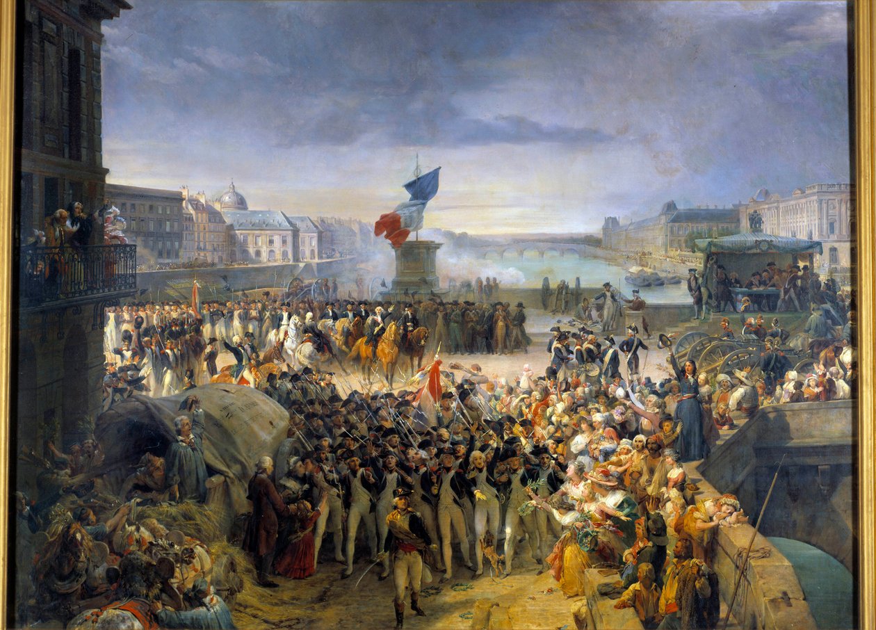 ポンヌフに集結したパリの国民衛兵は、1792年9月に軍隊に出発した。レオン・コグニェ（1794-1880）による絵画 作： レオン・コグニエ