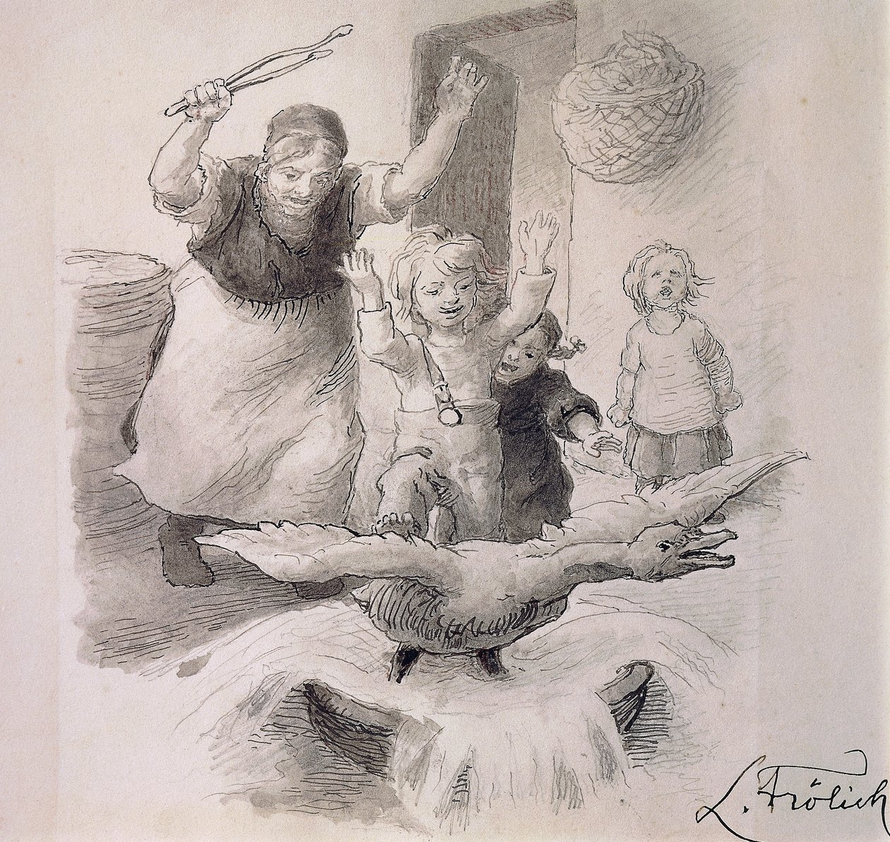 醜いアヒルの子、ハンス・クリスチャン・アンデルセン（1805-1875）のおとぎ話のためにローレンツ・フロリッヒ（1820-1908）が描いたイラスト。 作： ローレンス・フロリッヒ