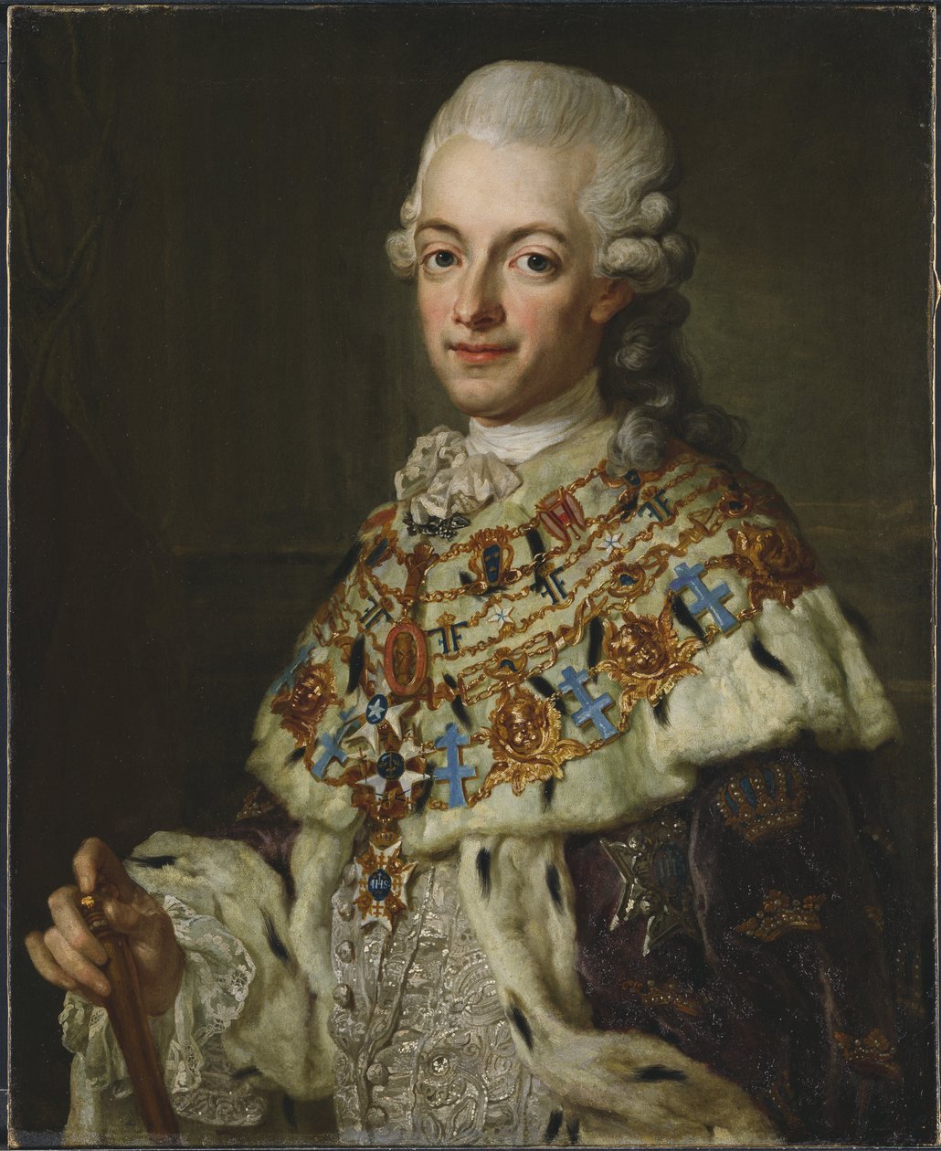 Gustave III de Suede - スウェーデン王グスタフ3世（1746-1792）の肖像画、パッシュ、ローレンツ、ザ・ヤング（1733-1805）によるもの。キャンバスに油彩、1773年頃サイズ：77x62cmストックホルム国立博物館 作： ローレンズザヤンガーパスク