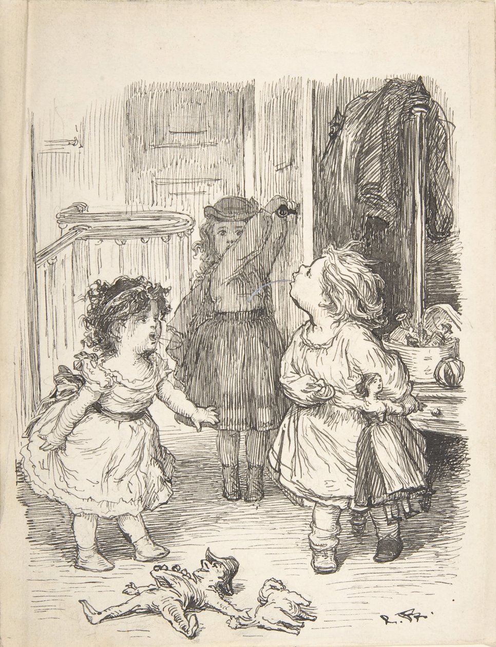 部屋の中で口論したり唾を吐いたりしている3人の少女たち 1835年～1903年 作： ローランス・フレーリッヒ