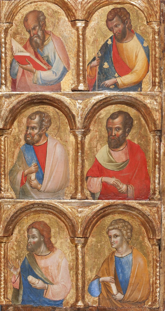 マドンナと子供の天使、はりつけ、12使徒または聖人の詳細、パネル上のc.1360テンペラ 作： ロレンツォ・ヴェネツィアーノ