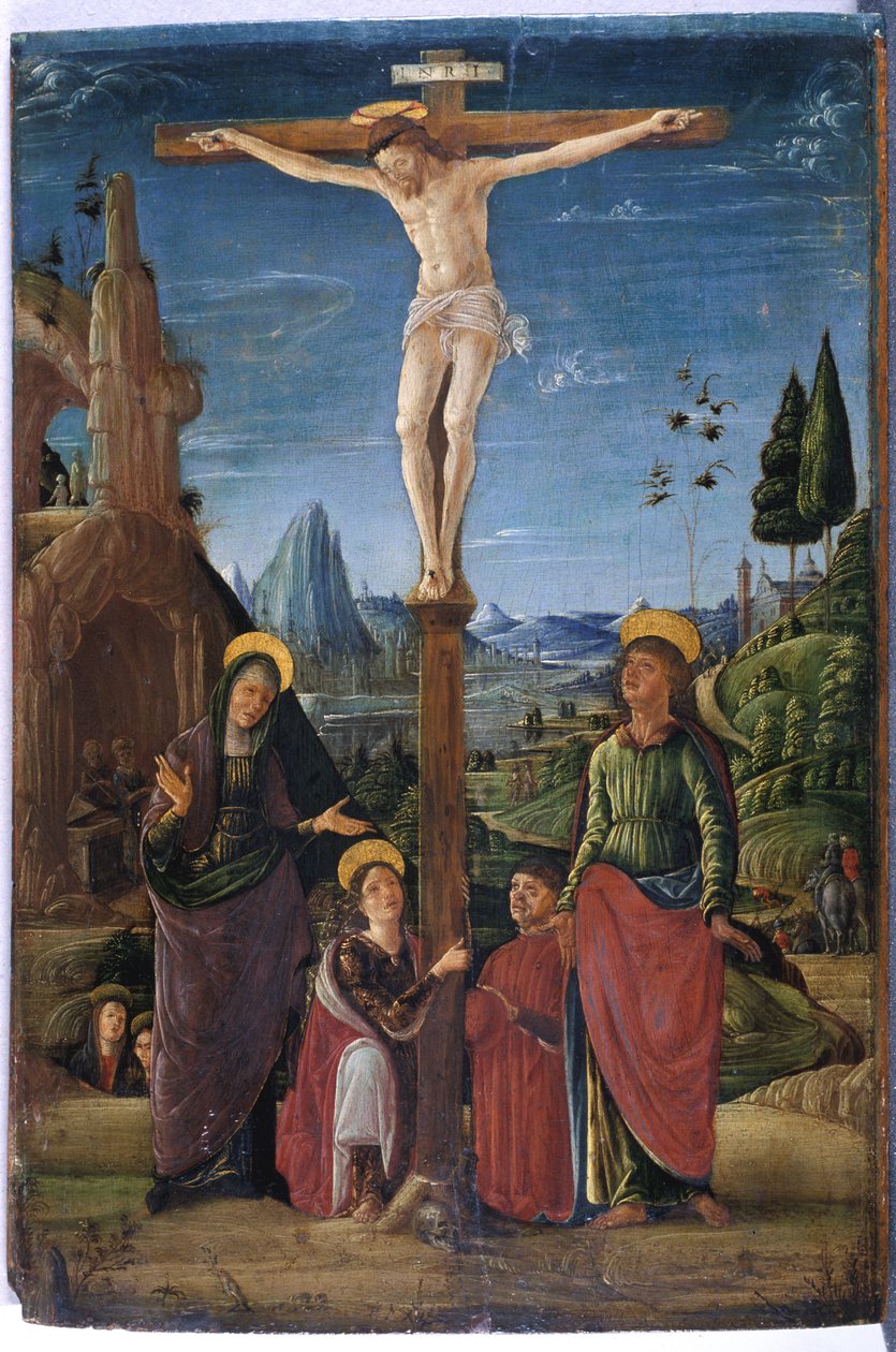メアリー、ジョン、メアリーマグダレンと後援者とのはりつけ、c.1480（木のテンペラ） 作： ロレンツォ属性コスタへ