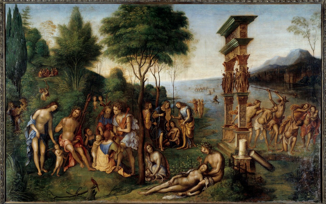 コムスの体制 喜びの宴の神であるコムスは、フィロストレートの「イマジネス」を参考にしている。左側には、許された楽しみと禁止された楽しみが描かれている。手前にはディオニュソスとフリギア人のナイアード、ニカイアの愛の物語が描かれています。絵画：L 作： ロレンツォ・コスタ