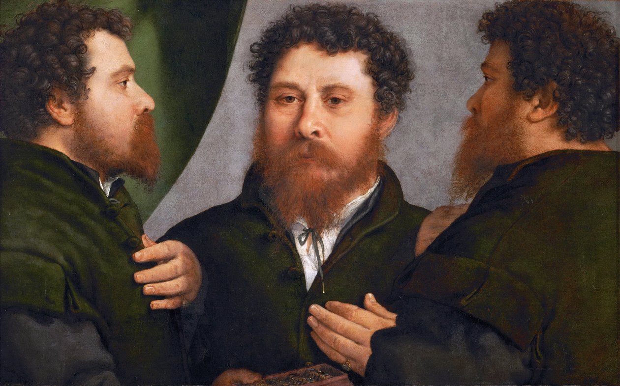 ルネッサンス期：金銀細工師の3つの姿勢の肖像 par Lotto, Lorenzo (1480-1556), 1530年頃。キャンバスに油彩、52x79。ヴィエンヌの美術史博物館 作： ロレンツォロト