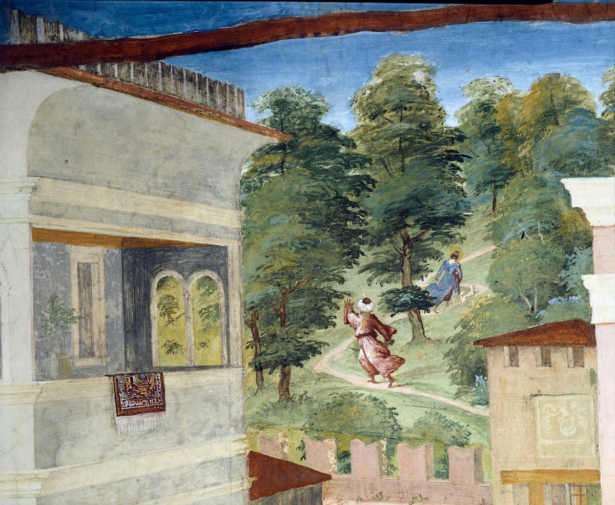 森の中を追われる聖バルバラ、ロレンツォ・ロット（1480年頃～1556年）作「キリストの木と聖バルバラの伝説」、フレスコ画、詳細 ヴィッラ・スアルディ、スアルディ礼拝堂、トレスコーレ・バルネアリオ、イタリア 作： ロレンツォロト