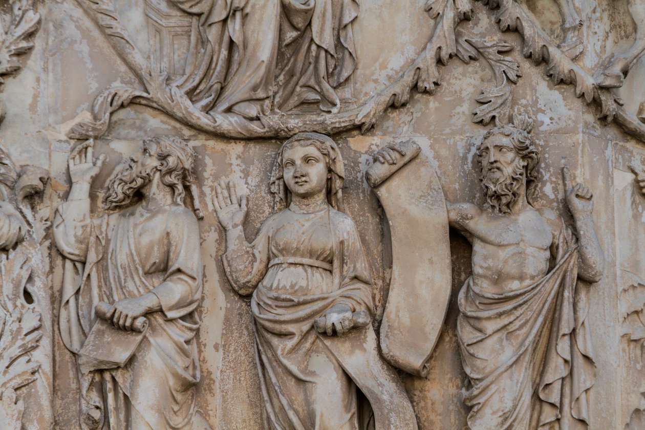 預言者たち、ジェシーの木とメシアの予言の詳細、創世記の物語、ロレンツォ・マイターニ（1275年から1330年以前）による浅浮彫り、イタリア、ウンブリア州、オルヴィエート大聖堂のファサードの第二の支柱 作： ロレンツォ・マイタニ