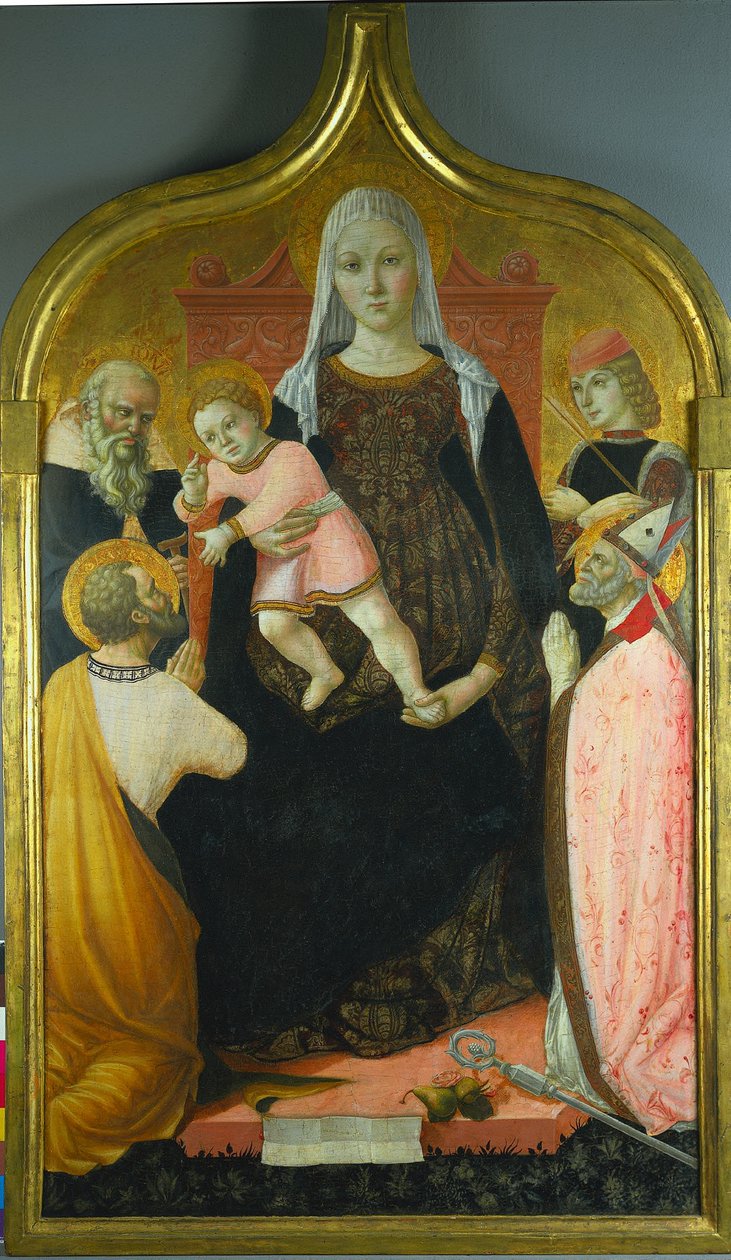 聖母子、聖人アンソニーアボット、マーク、セヴェリーノ、セバスチャン、c。 1490-96 作： ロレンツォ・ダレッサンドロ・ダ・セヴェリーノII