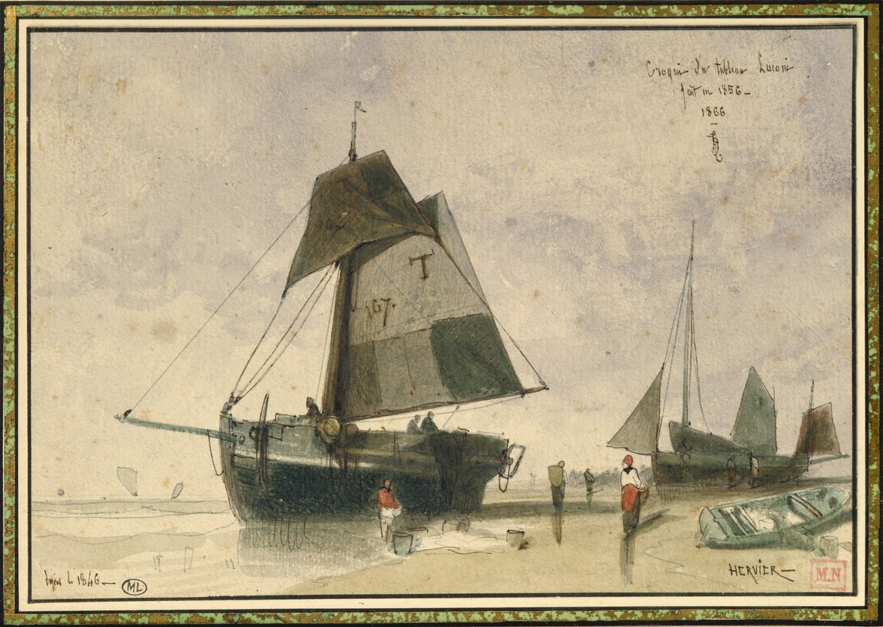 2隻の漁船、1856（紙にペンとインクとトイレ） 作： ルイ・アドルフ・エルヴィエ