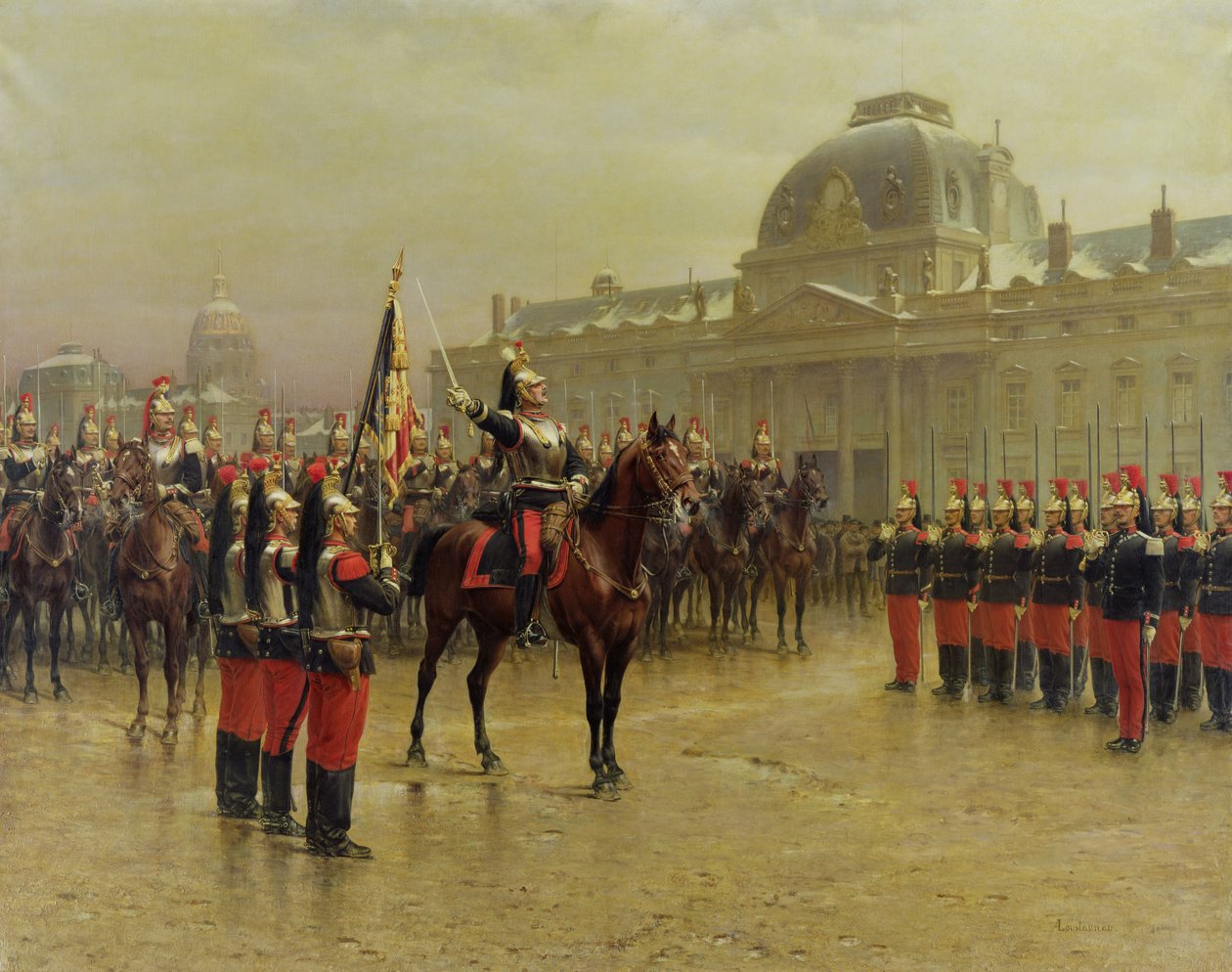 1887年1月、第6騎兵隊の新兵に連隊の基準を提示したラロシュトゥーロン大佐 作： ルイ・オーギュスト・ジョルジュ・ルスタナウ