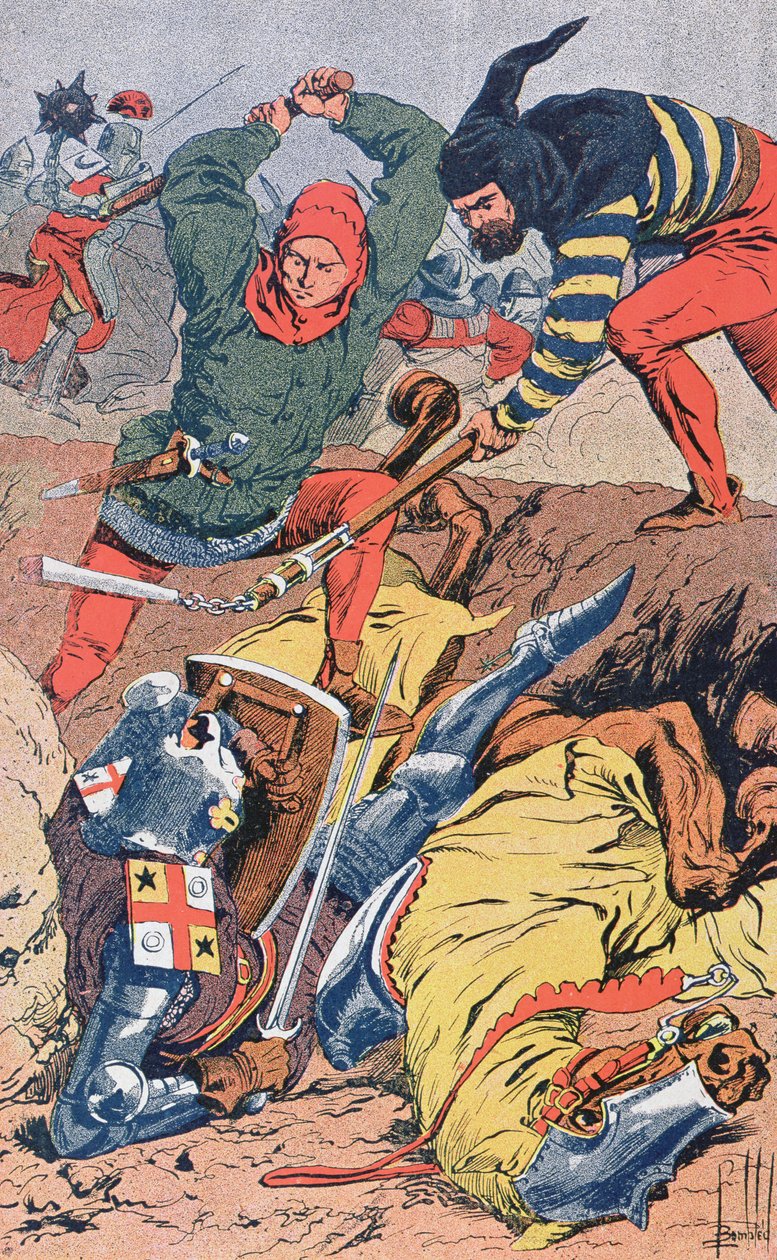 徒歩で戦うフランダース市民は、1302年のコートライ近くのゴールデンスパーズの戦いで、装甲の高い騎士を倒し、騎士を倒しました。1900年頃 作： ルイ・チャールズ・ボンブル