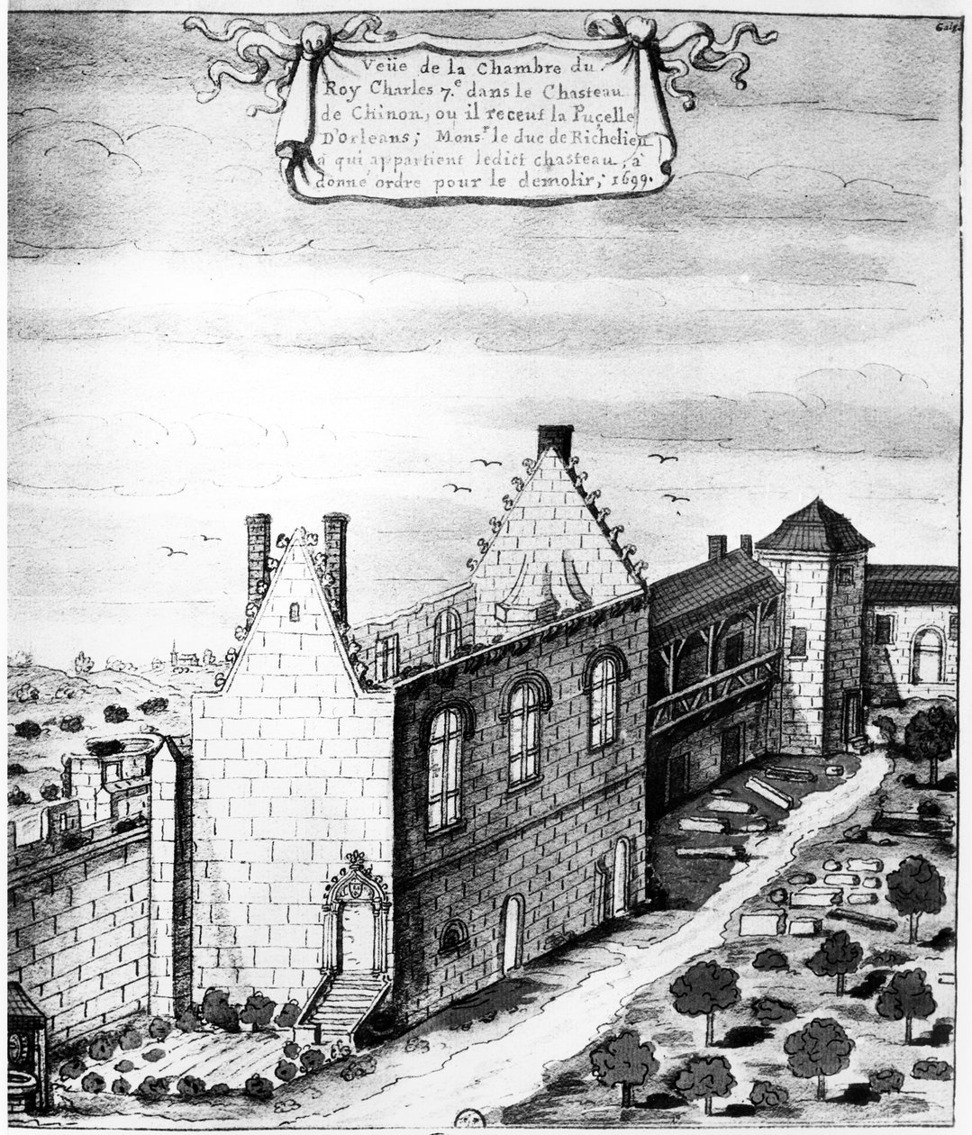 1429年にフランスのチャールズ7世がジャンヌダルクを受け取ったシノン城の部屋の眺め：1699年リシュリュー公の命令により取り壊された（紙にペン、インク、トイレ） 作： ルイ・ブーダン