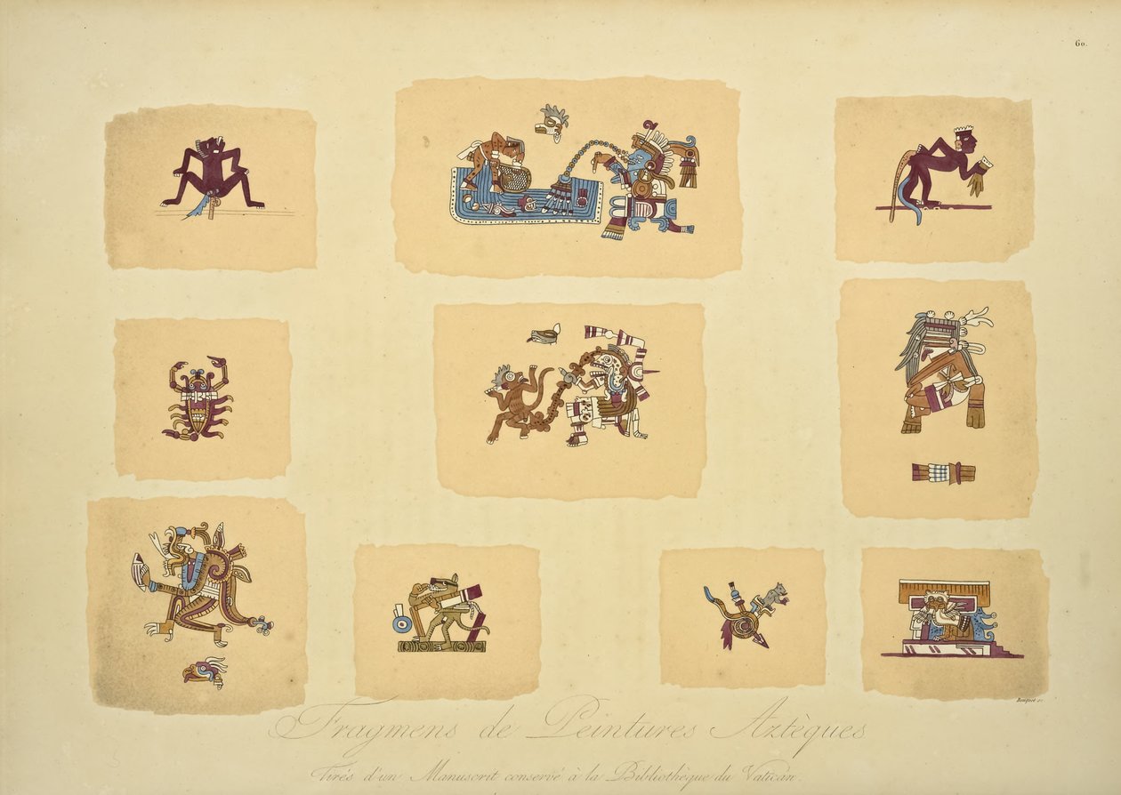 アステカの絵画の断片、バチカン図書館で保存された原稿、コルディジェラの景色とアレクサンドルフォンフンボルトによるアメリカ先住民の記念碑のイラスト 作： ルイブーケ
